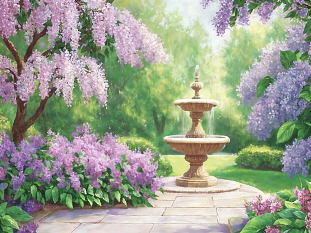 Backdrop "A fountain in a garden with blooming lilac"