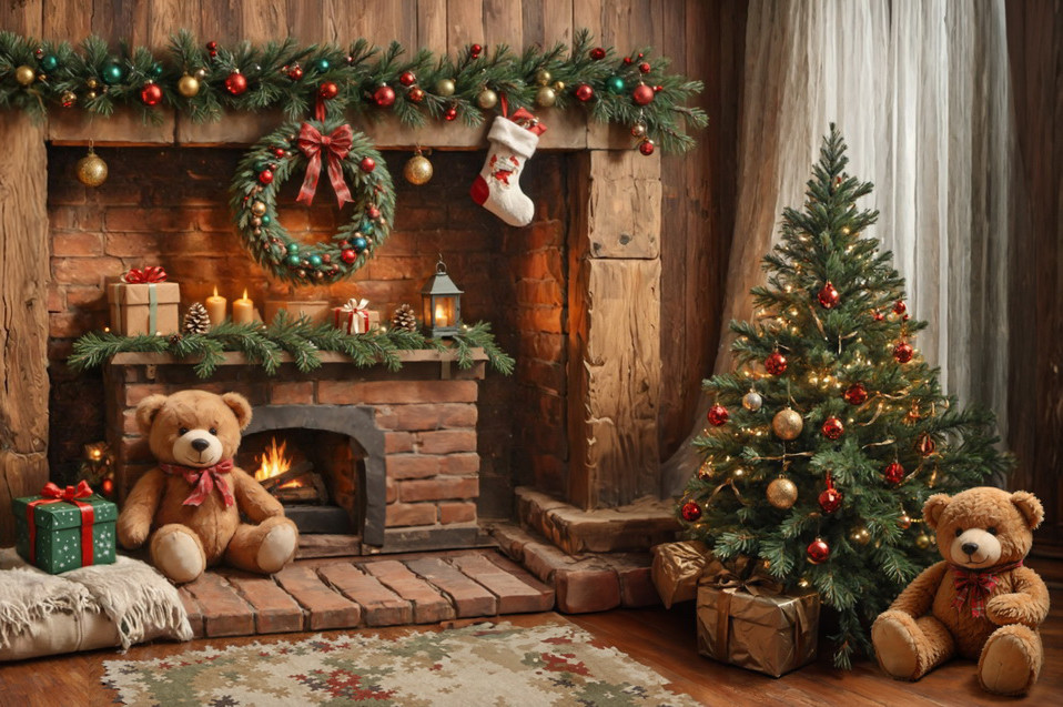 Backdrop "Teddy bears beside the fireplace"