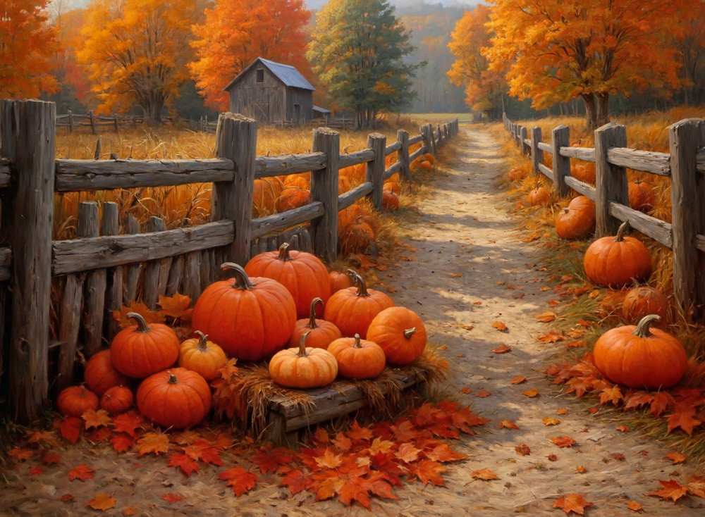 Backdrop "Autumn barn (Pumpkins at a fence 3.0)"