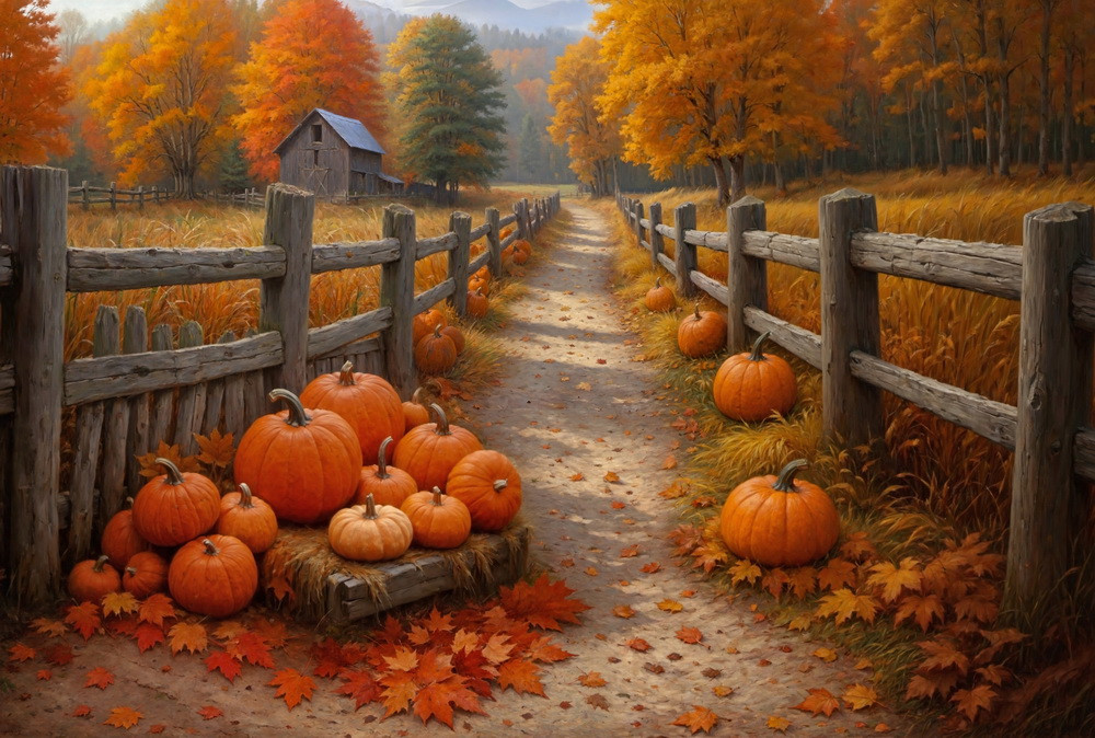 Backdrop "Autumn barn (Pumpkins at a fence 3.0)"