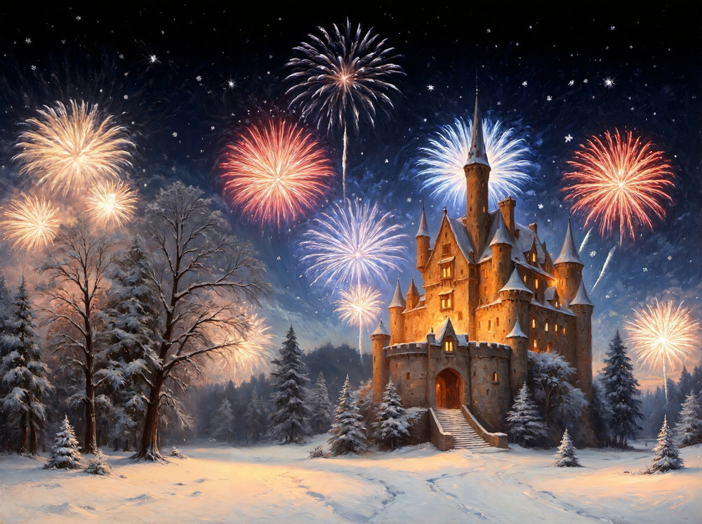 Backdrop "Old castle fireworks"